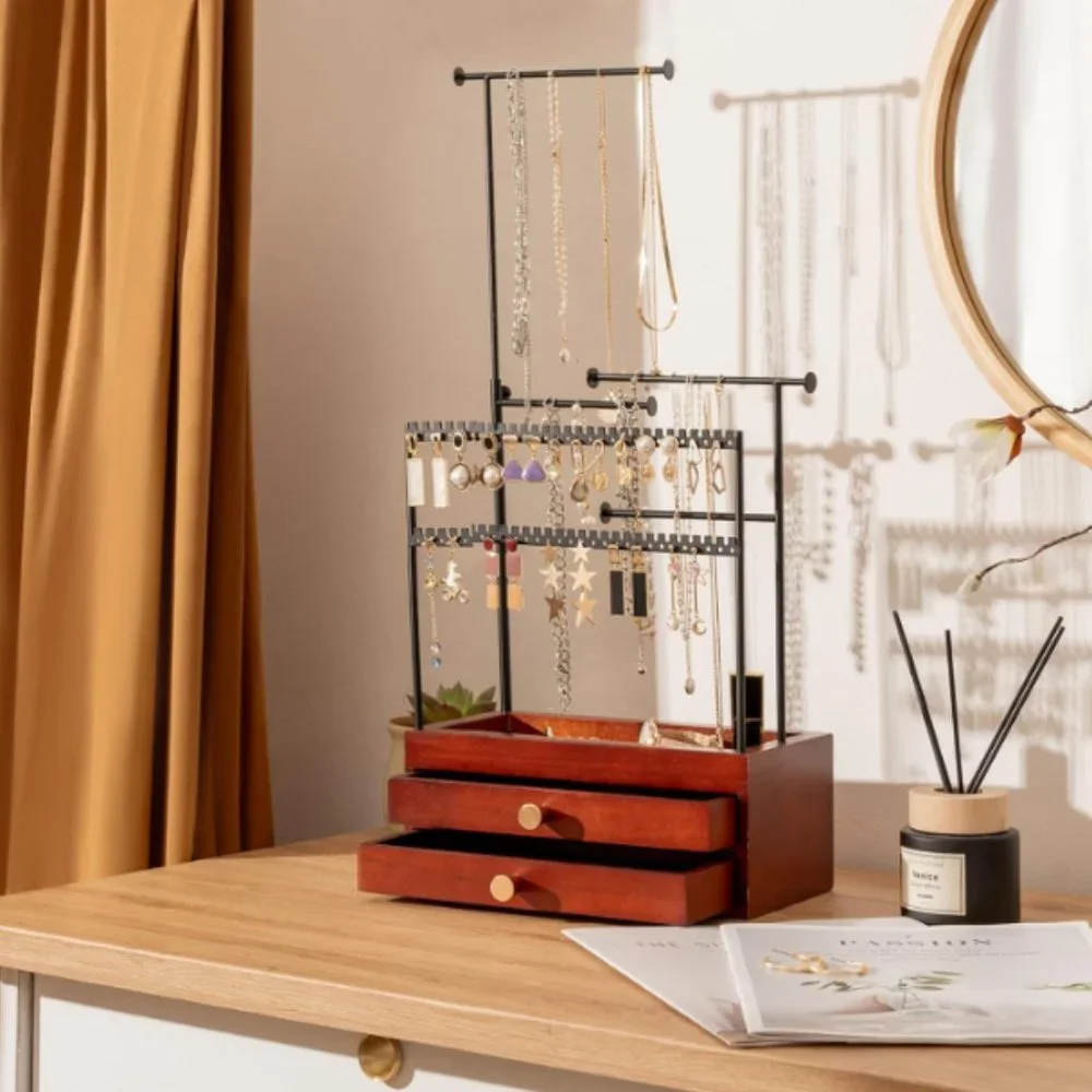 5-Tier Jewelry Stand - Earring Holders - Necklace Towers + 2 Wooden Drawers